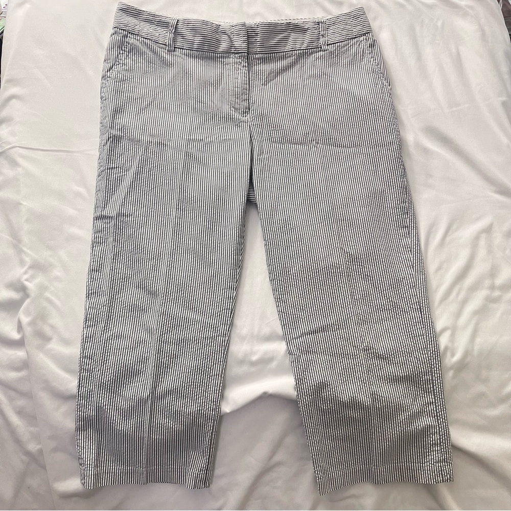 Tommy Hilfiger Seersucker Pants Striped Crop Capris 100% Cotton Blue White 10